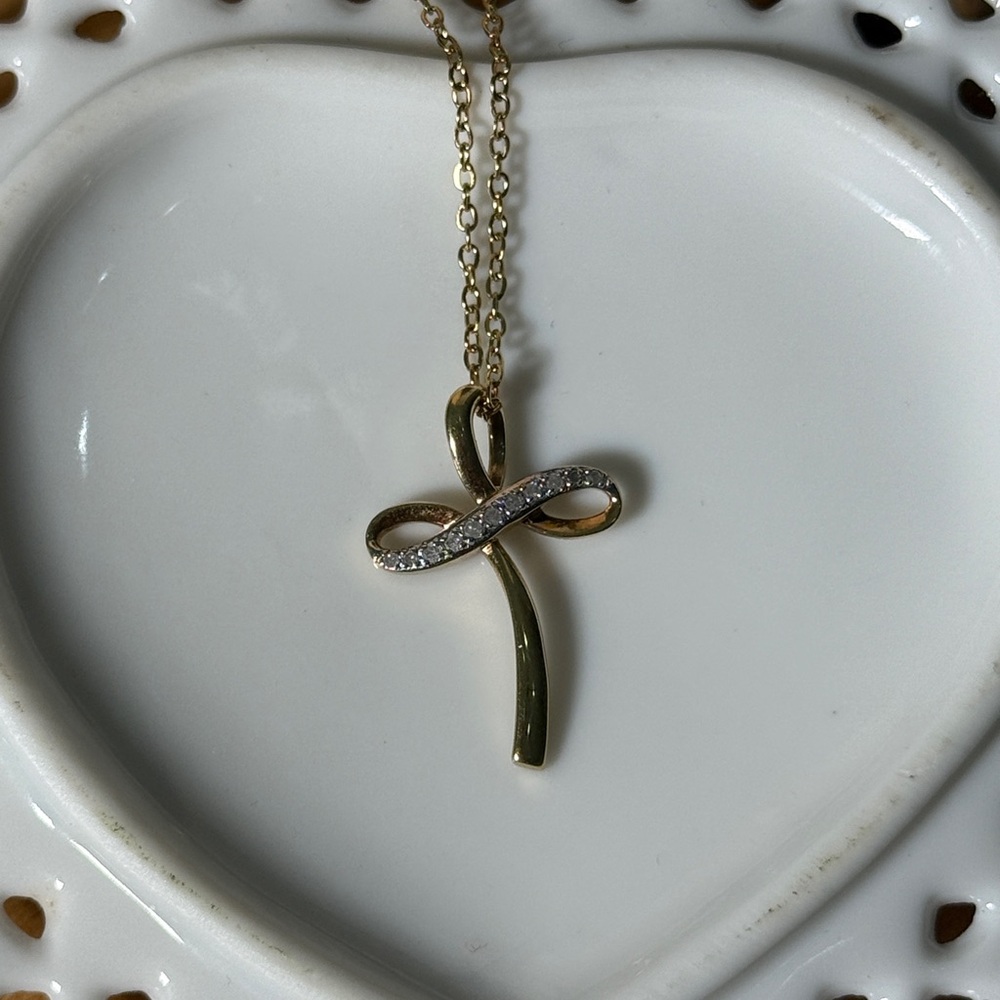Genuine Diamond Cross 18k Gold Plated Over 925 Sterling Silver Women’s Necklace